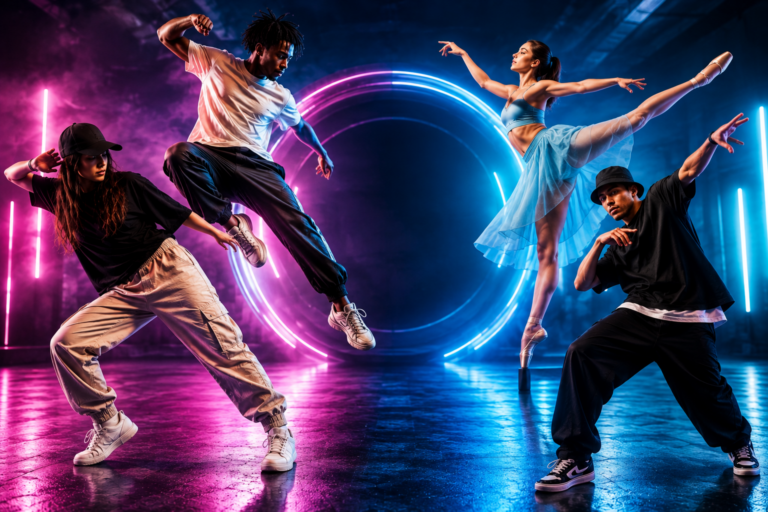 Modern dancers performing diverse dance forms.
