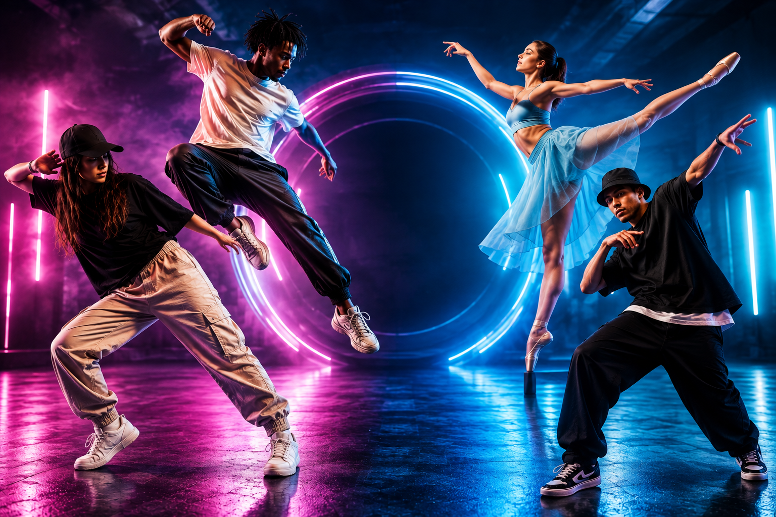 Modern dancers performing diverse dance forms.