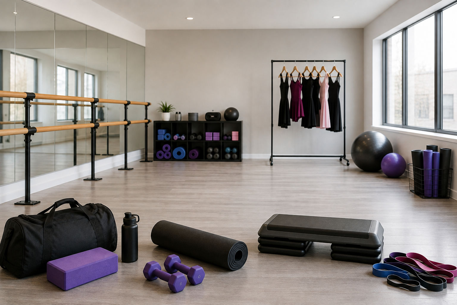 Professional dance studio with essential equipment.